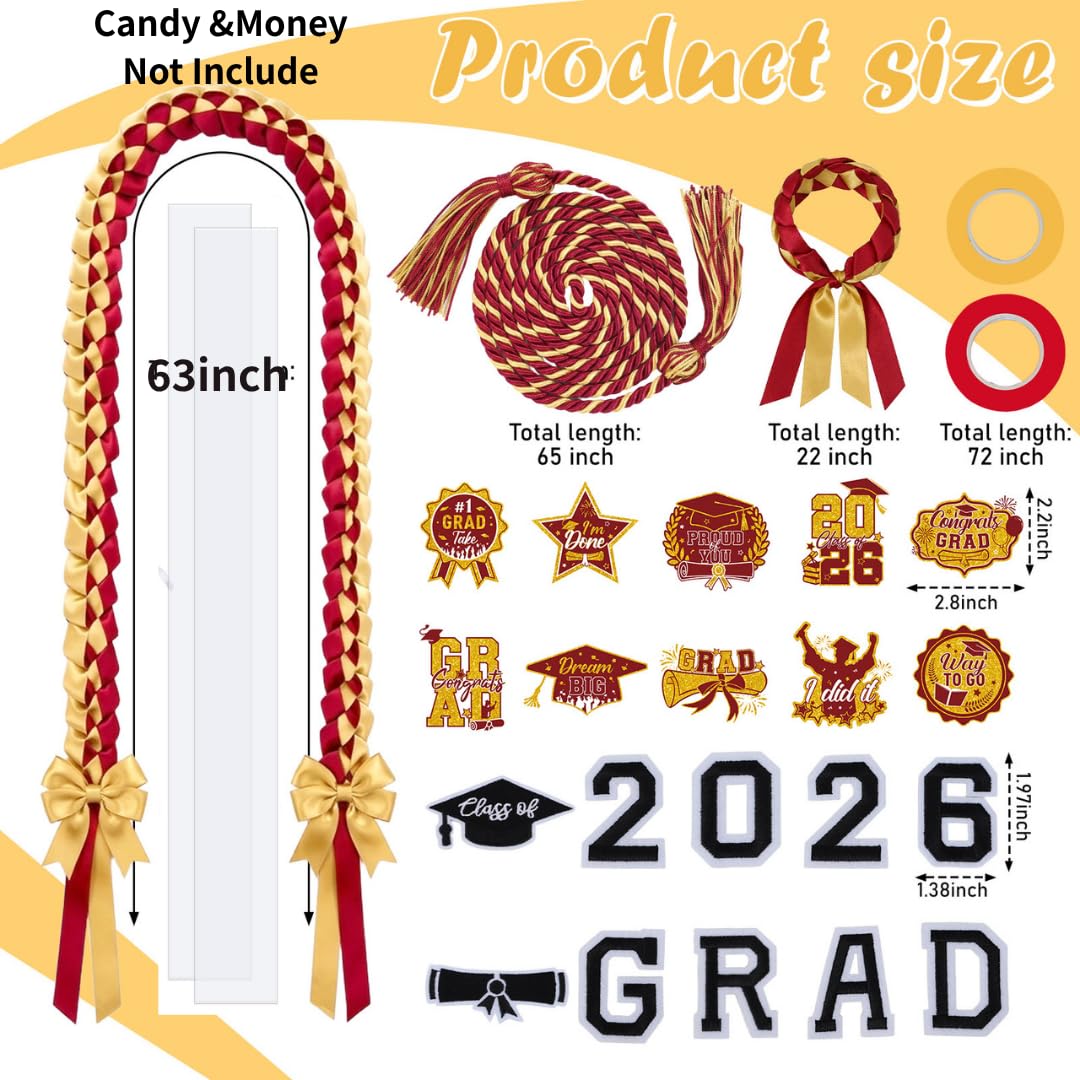 Hamdwerk Candy Leis for Graduation 2026, 36Pcs Graduation Leis Class of 2026, Graduate Ribbon Lei Making Kits with Honor Cord Patches Cards, Red Gold Double Lei Necklace Decorations Graduation Gift