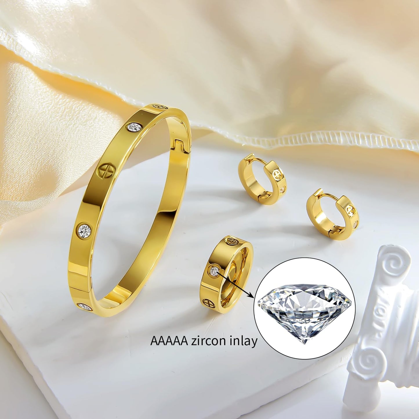 3 Pcs Hoop Earrings Bracelets Ring Sets for Women-18K Gold Plated Love Bracelet Cubic Zirconia Cuff Bangle Hoop Earrings Friendship Love Ring Jewelry Set,Wedding Party Christmas Valentine's Day Birthday Gifts for Her Girlfriend Sister Daughter