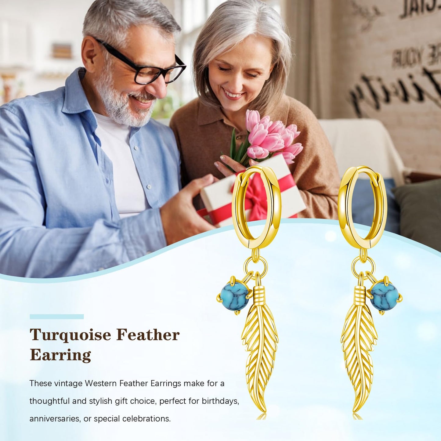 Feather Turquoise Earrings 925 Sterling Silver 14k Gold Plated Turquoise Dangle Earrings Western Earring Native American Jewelry Indigenous Gifts for Women