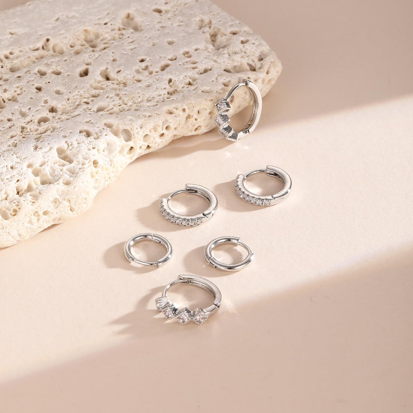 CAROVO 3 Pairs Silver Hoop Earrings for Women Trendy Dainty 14K Gold Plated Cubic Zirconia Huggie Hoop Earrings Stack for Multiple Piercing Jewelry