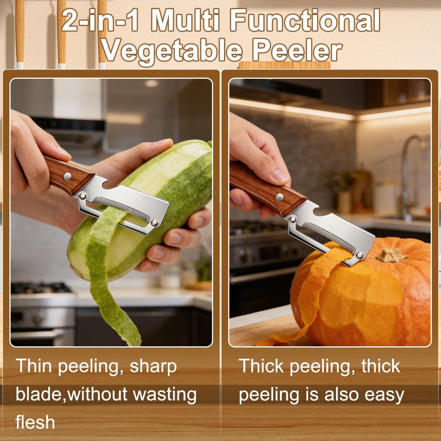 2pcs 2026 Upgrade Premium Vegetable Peeler with Wooden Handle and Bottle Opener, Multifunctional 3-in-1 Stainless Steel Kitchen Tool for Fruit Apple Potato Pumpkin Papaya