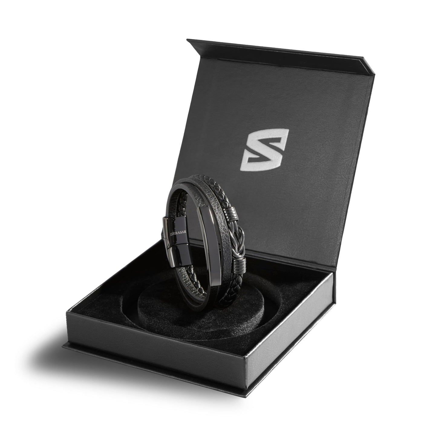 SERASAR Pulsera de cuero negro para hombre 23cm negra Hombres Caja regalo genuino Trenzado Multicapa Abrigo Pulseras masculinas Joyas magnéticas