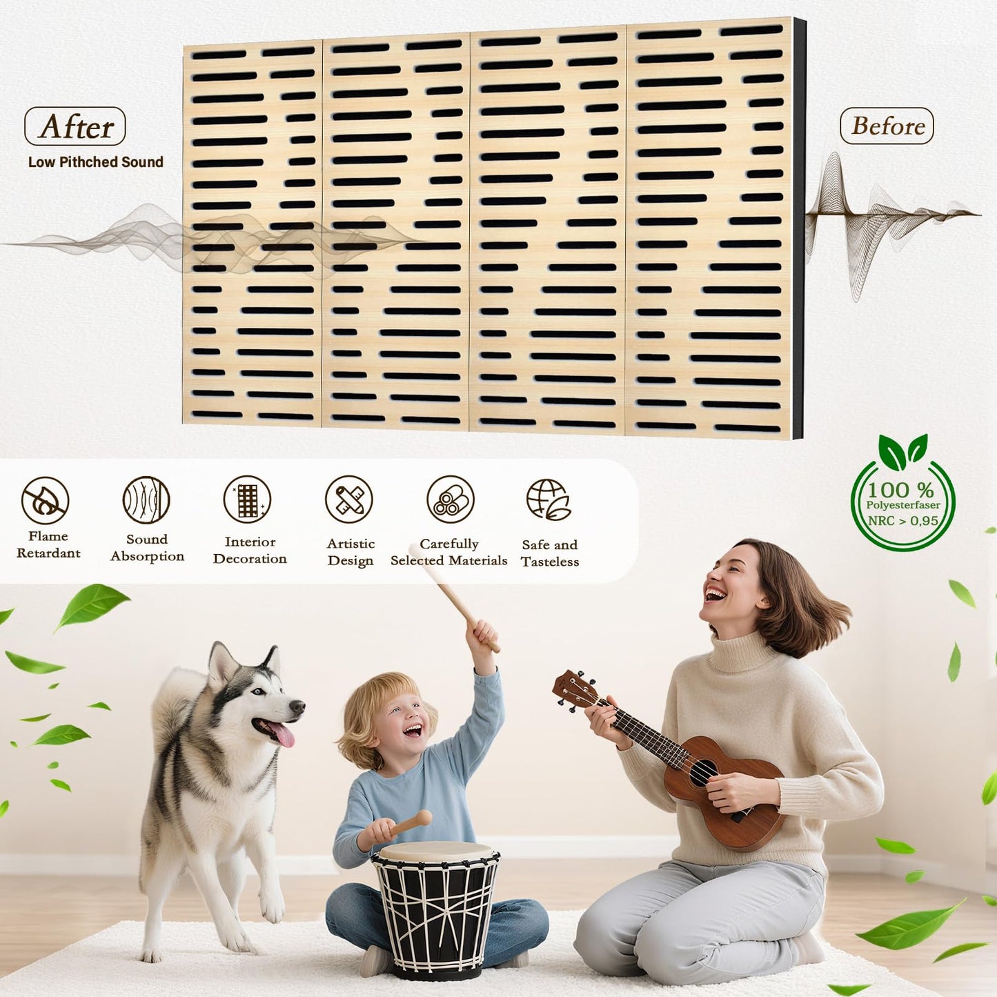 4Pack Acoustic Wall Panel Self-Adhesive Soundproof Foam Panels for Wall, 3D Perforated Tri-Layer Polyester Fiber Decorative Acoustic Insulation for Recording Studio, Office, 24×12×1.78", Regular-Line