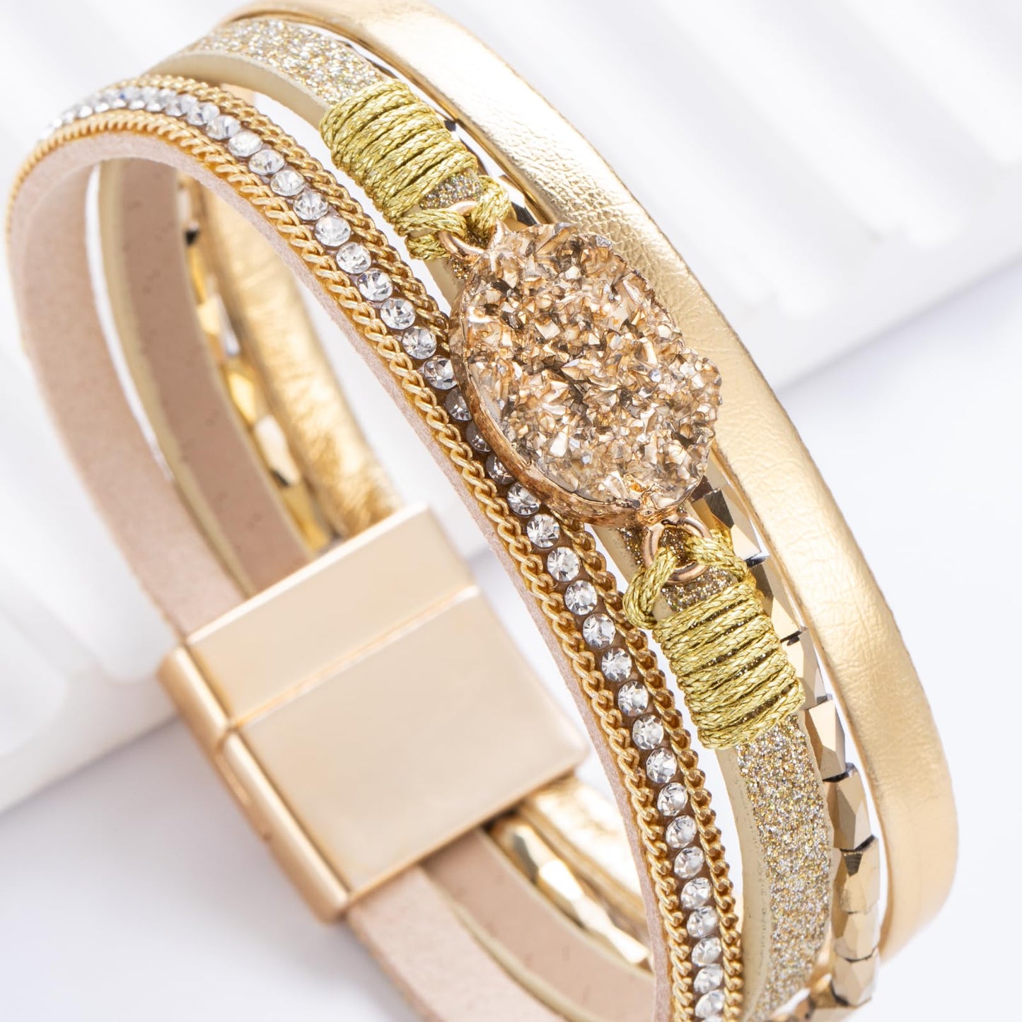 FANCY SHINY Boho Leather Wrap Bracelet Stackable Chunky Crystal Cuff Bracelets with Magnetic Clasp Cowboy Cowgirl Western Summer Beach Outfits Jewelry Gifts for Women (7.7", Metal)