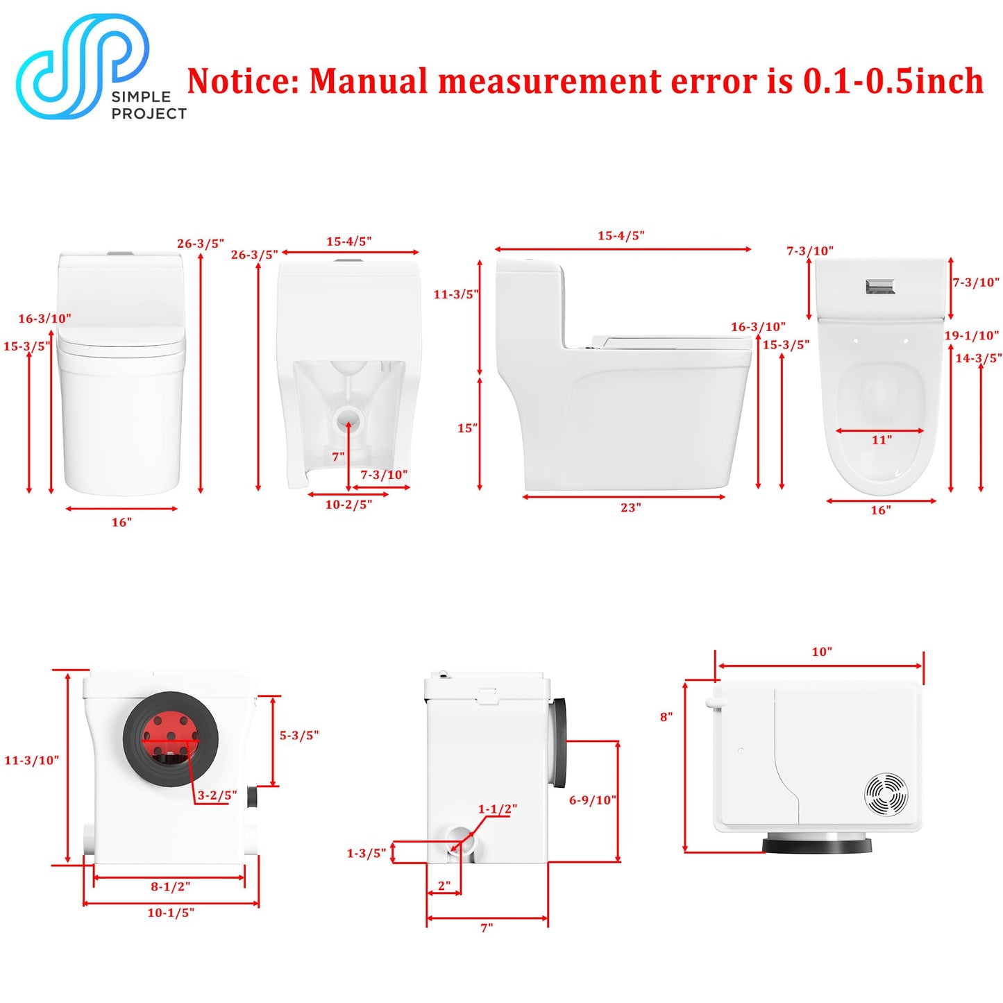 Simple Project 600w Macerating ToiletSystem, One-Piece Upflush Toilet with Pump for Basement, Powerful & Quiet Up Flush Toilets with 3 Water Inlet & AcVent, Rear Outlet Toilet Bowl, Sink & Shower