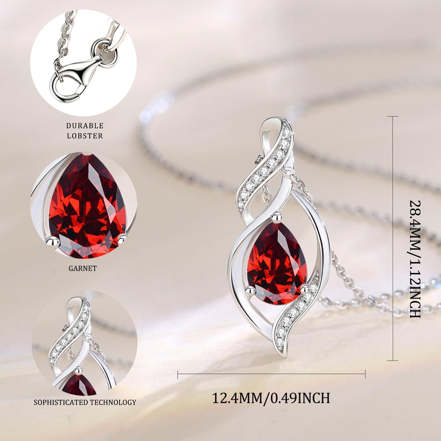 FANCIME January Birthstone Necklace for Women Garnet Teardrop Necklace Sterling Silver Infinity Love Birthday Gifts for Mom Women, 16"+2" Inches