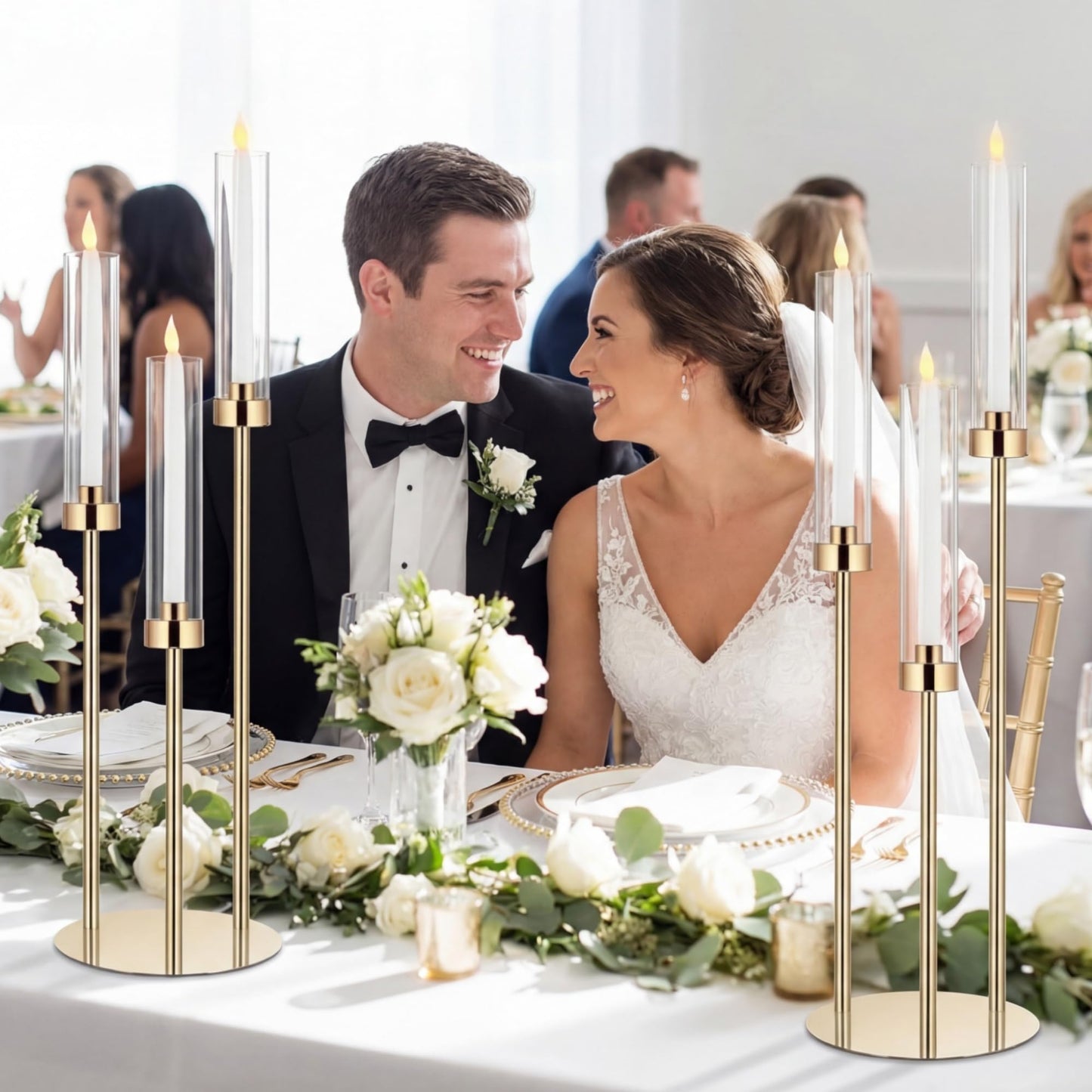 Layhit 6 Set Wedding Gold Candelabra Centerpieces for Tables, 3 Arm Tall Acrylic Candle Holder Centerpiece with Clear Shades for Reception, Party, Dining Decor, Anniversary, Fits 0.87" LED Candles"