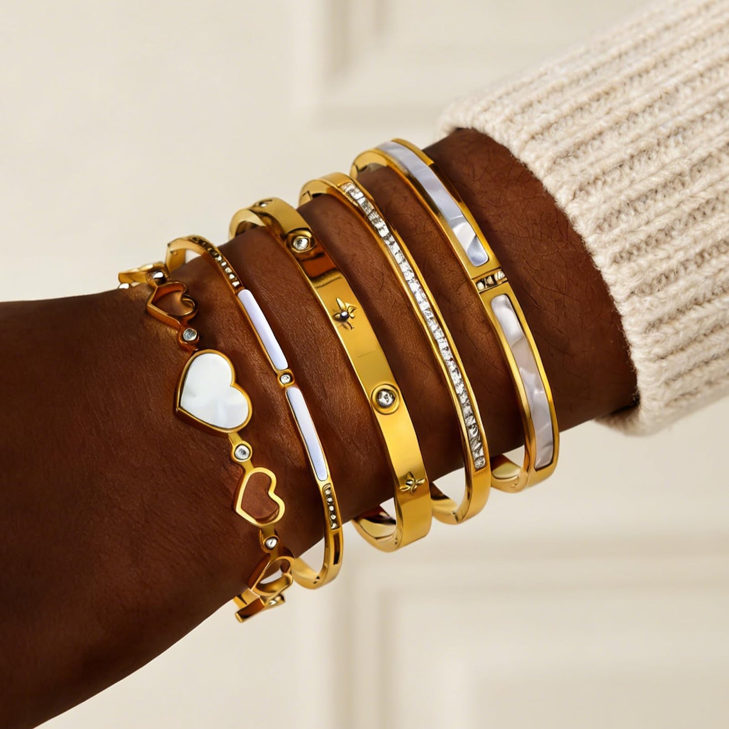 ZhiRui Women's 18K Gold Plated Stackable Bangle Bracelet Set - Waterproof Mother of Pearl Heart Cubic Zirconia Jewelry - Perfect for Valentine's Day & Thoughtful Gifts for Women