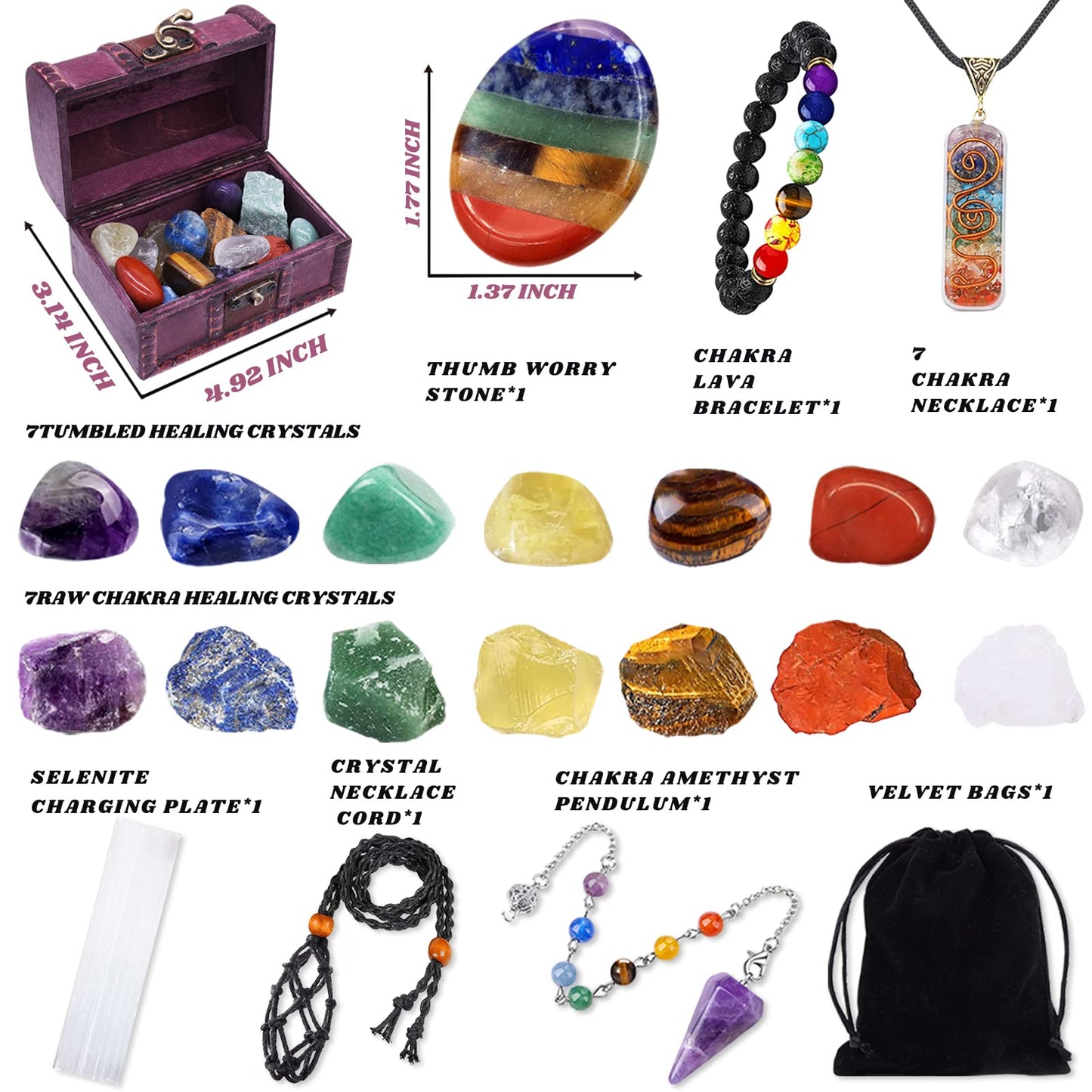 22Pcs Healing Crystals Set, Chakra Quartz Kits in Wooden Box (7 Raw and 7 Tumbled Chakra Stones, Lava Bracelet, Chakra Necklace and Amethyst Pendulum, Thumb Worry Stone, Selenite Charging Plate, etc.)
