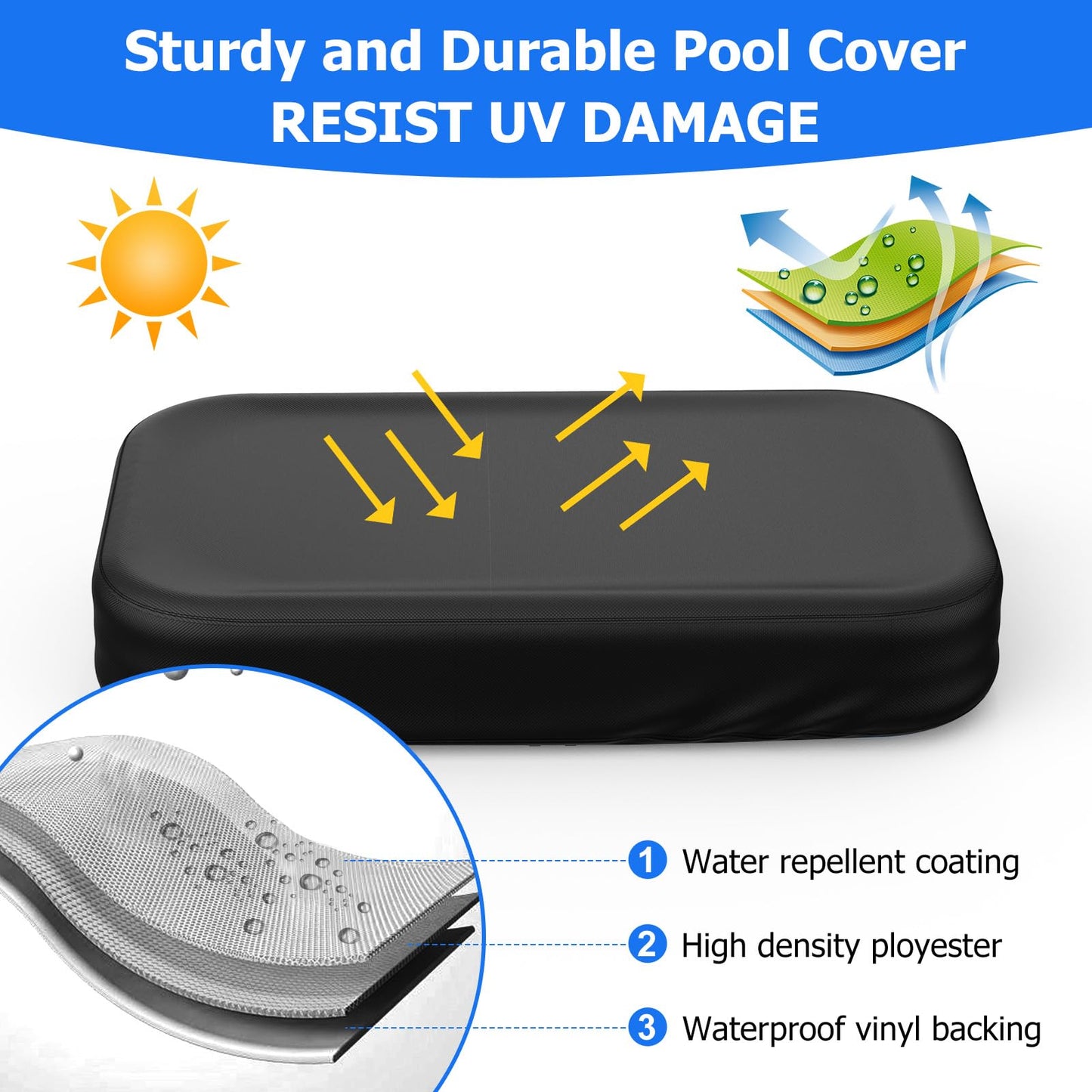 Rectangular Pool Cover for Inflatable Pool, Fits Blow Up Pool Size 90" L x 60" W, Built-in Elastic Band and Extra Buckle to Prevent Slipping, Rectangle Above Ground Swimming Pool Cover