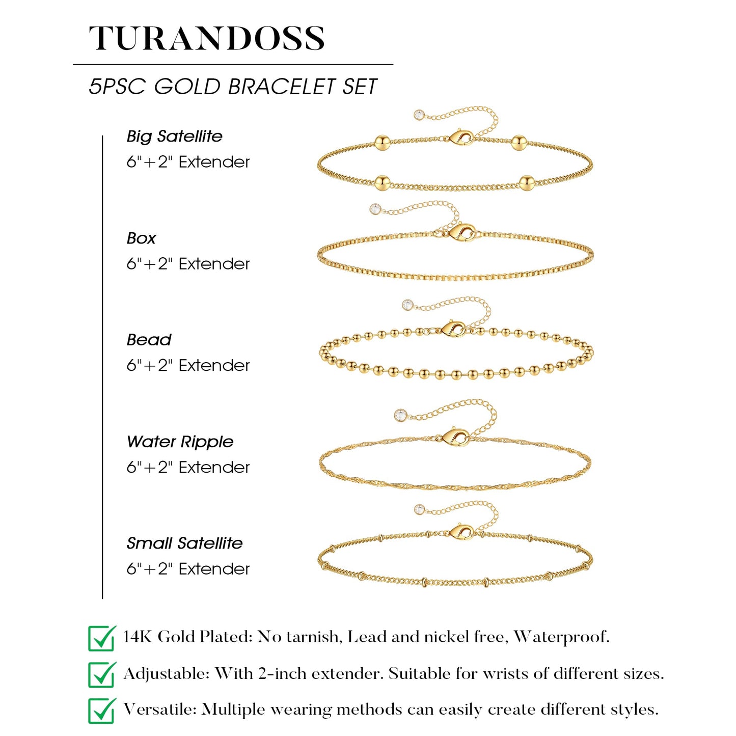 Turandoss Gold Bracelets Stack for Women, Dainty 14K Gold Plated Stackable Bracelet Set Adjustable Beaded Satellite Box Chain Bracelet Waterproof Non Tarnish Jewelry Gifts for Women
