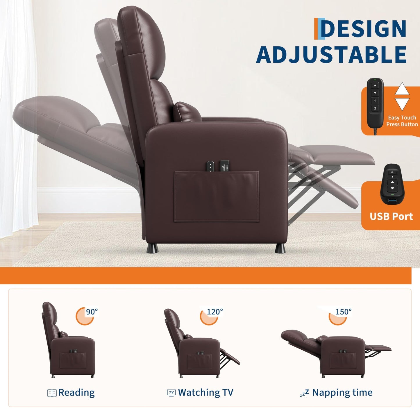 Electric Power Recliner Chair with Heat & Massage, Tall Back PU Leather Sofa, Ergonomic Padded Seat, Lumbar Support, 2 Side Pockets, USB, 370 lbs—Heated Recliner for Living Room