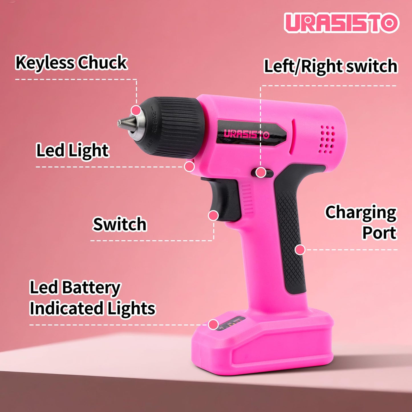 URASISTO 8V Pink Cordless Drill, Power Drill Tool Set, Built-in LED, 58pcs Acessories with Household Tool Set Gift Box, Pink Drill Set for Women
