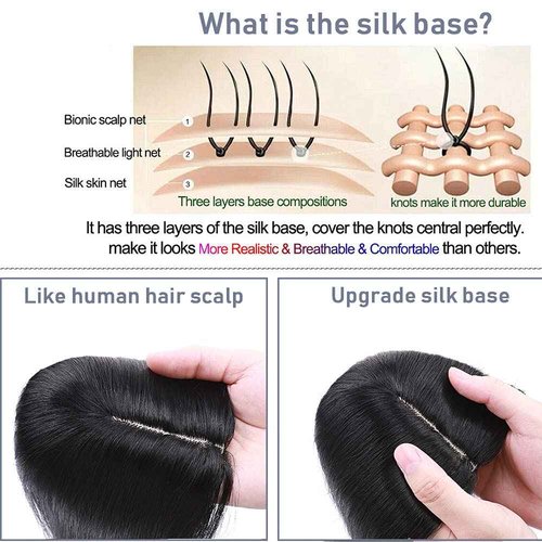SEGO Clip in Hair Topper for Women, No Bangs Remy Human Hair Toppers, Silk Base Top Wiglet Hairpieces for Hair Loss Thinning Cover Grey 4 Clips