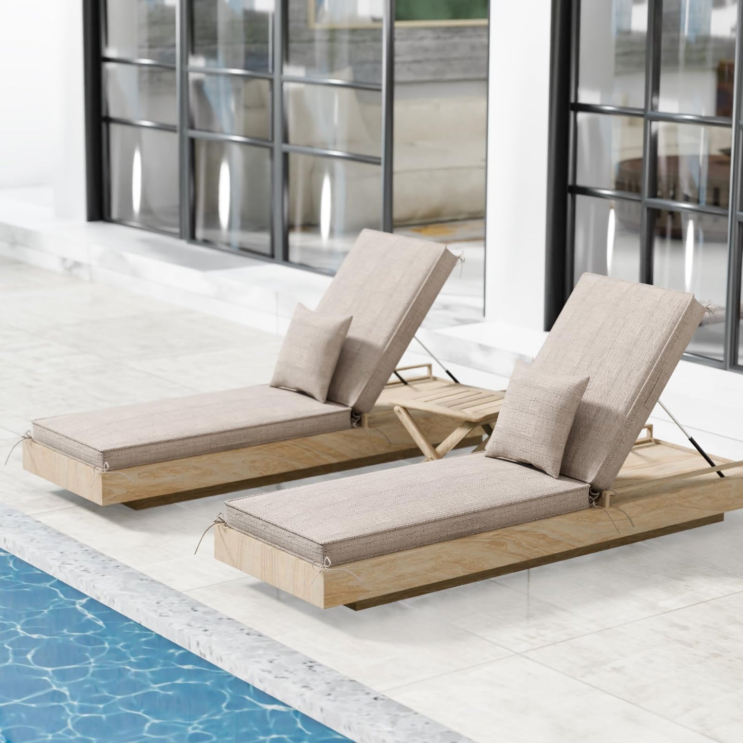 Chaise Lounge Cushions Outdoor Set of 2, Olefin Waterproof and Fade Resistant Patio Furniture Lounge Chair Cushions with Removable Cover, Lounger Pad with Handle & 16 Strap, 80x26x3 Inch, Light Beige