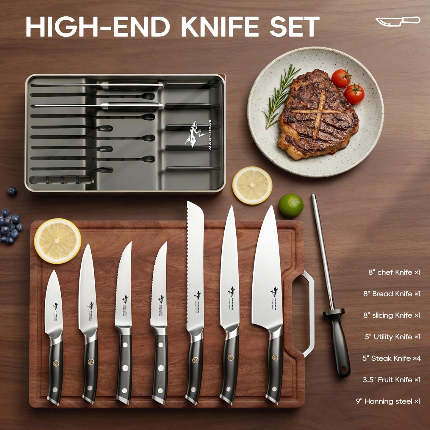 MAD SHARK 11-Piece Kitchen Knife Block Set with Sharpener Rod, Professional German High-Carbon Steel Chef Set,15° Ultra-Sharp Edge,Full-Tang Handle,Valentine Gift for husband Wife Friends