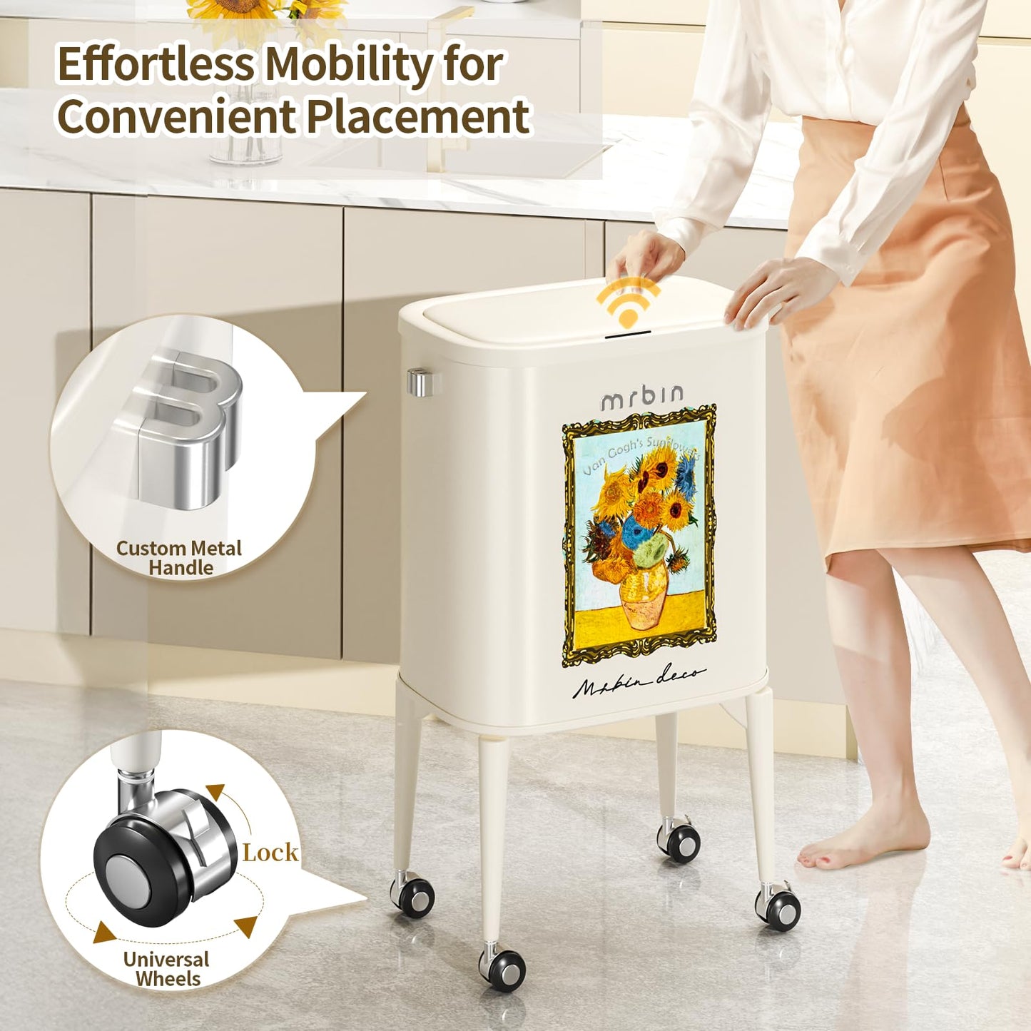 MRBIN Metal Motion Sensor Kitchen Trash Can with Wheel Legs, 36L / 9.5gal Medium Press Lid Slim Waste Basket, Pet Proof Tall Narrow Garbage Pail for Vanity, Bedroom, Bathroom, Living Room, Sunflower