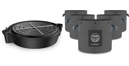AC Infinity 10-Gallon Fabric Pots & Self-Watering Base XL Bundle – 5 Heavy-Duty Grow Bags with 4 Extra Large Auto-Irrigation Water Delivery Saucers for Indoor Tents, Greenhouses, and Gardens