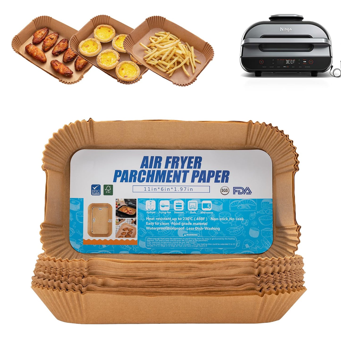 Air Fryer Liners For Ninja Foodi XL Smart FG551 6-in-1 Indoor Grill,100PCS Rectangular Air Fryer Disposable Paper Liner, Parchment Paper Liners for Ninja Smart Xl Air Fryer