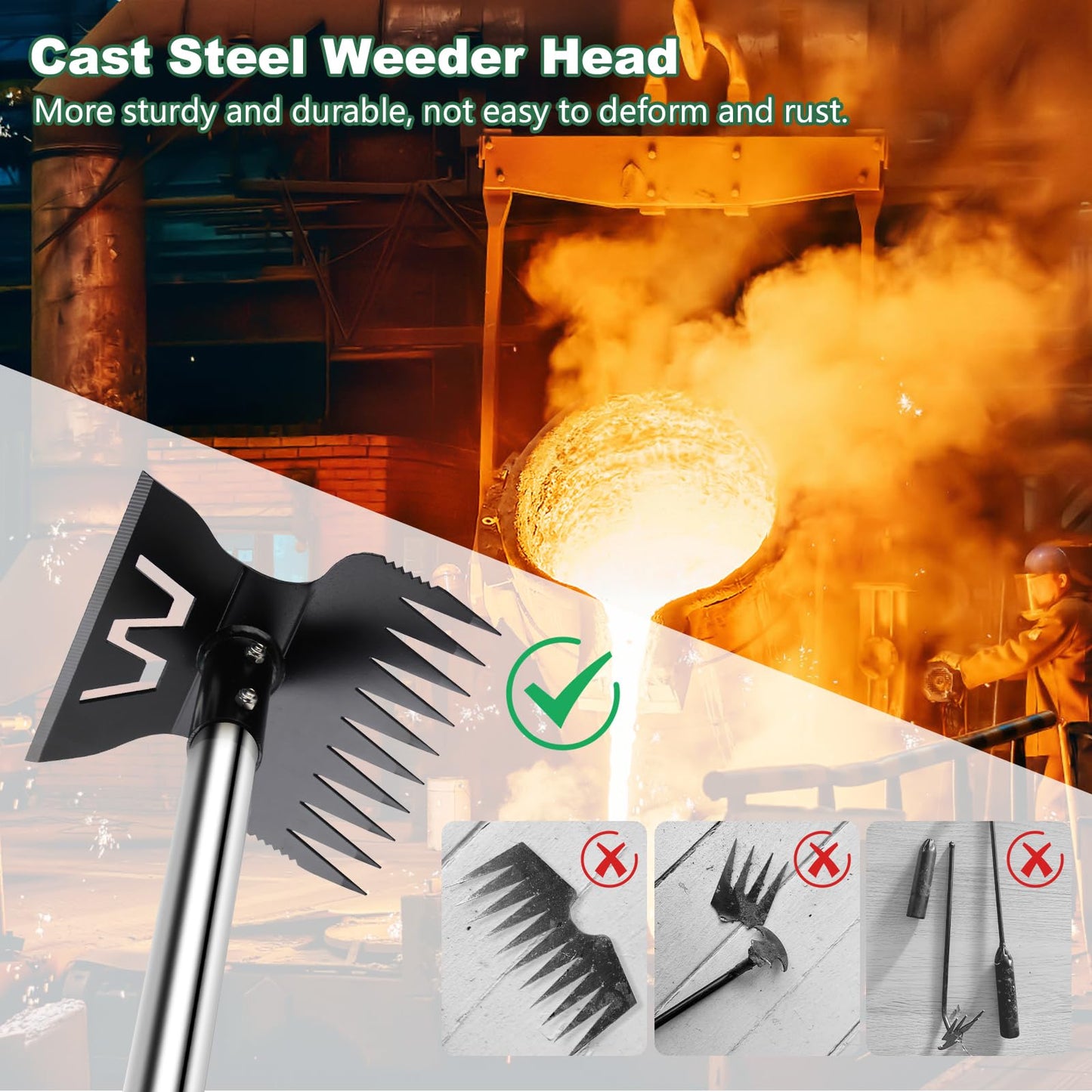 Larger Weed Puller Tool with Long Handle, Heavy Duty 10 Teeth Weed Rake & Hoe Garden Tool for Weeding, 57" Garden Hoe Weed Remover Tool with Detachable Handle, Manual Weeder for Garden Yard Lawn Patio
