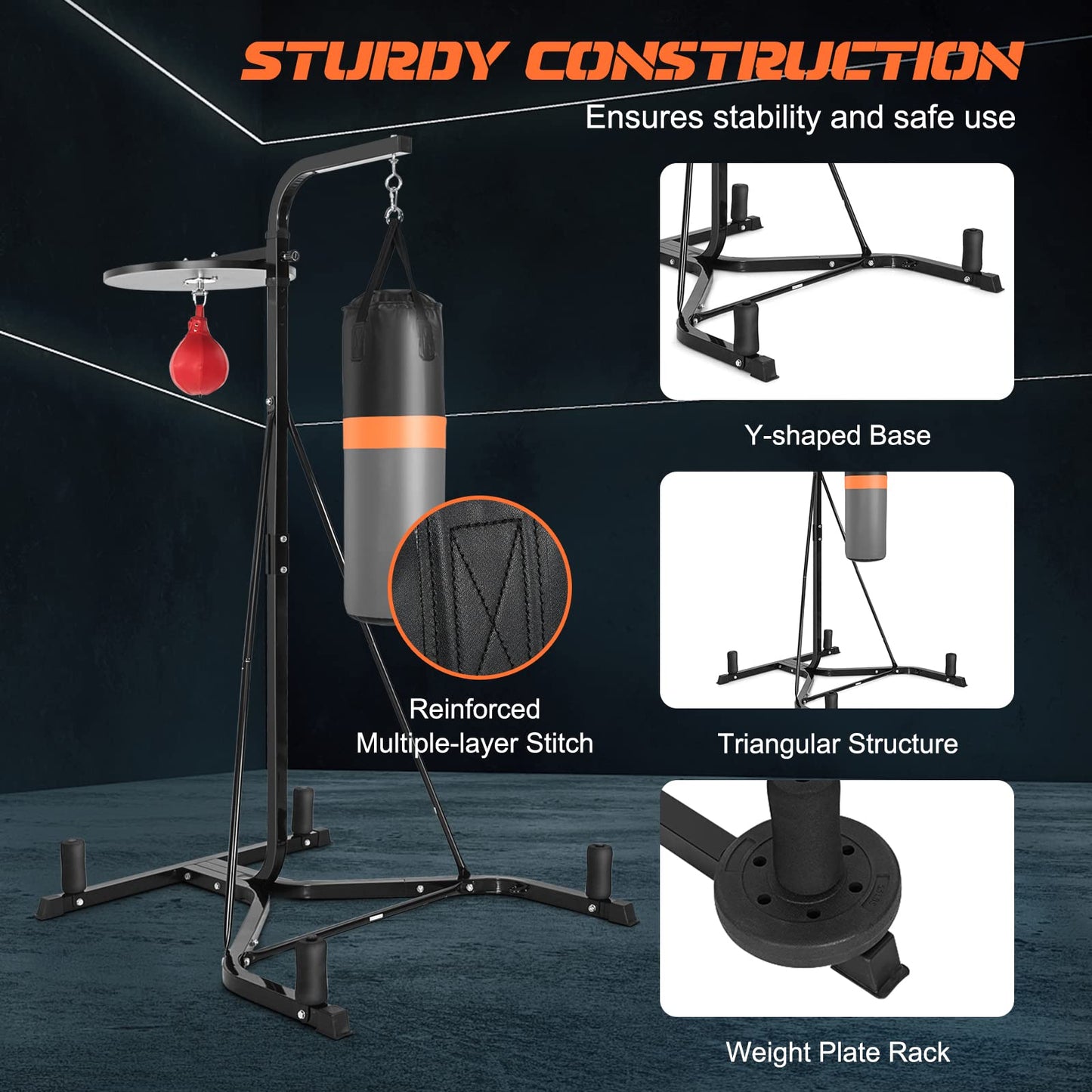 SPORFIT 2-in-1 Punching Bag Stand for Adults, Heavy Bag Stand with Height Adjustable Speed Bag, Weighted Base Hold Up to 220 LBS, Freestanding Boxing Equipment for Home Gym Fitness MMA Training