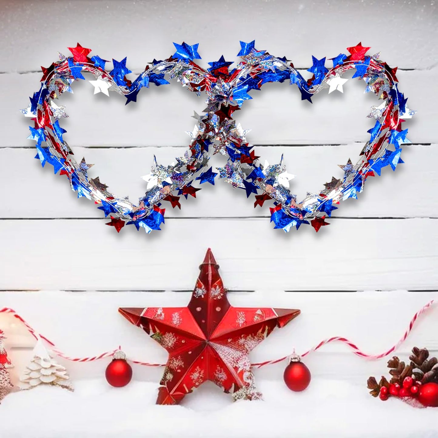 2 Rolls Patriotic Wire Star Garland, Red Blue Silver Star Tinsel Garlands with Wire, Fourth of July Party Decor, Independence Day Birthday Party Festive Ornament