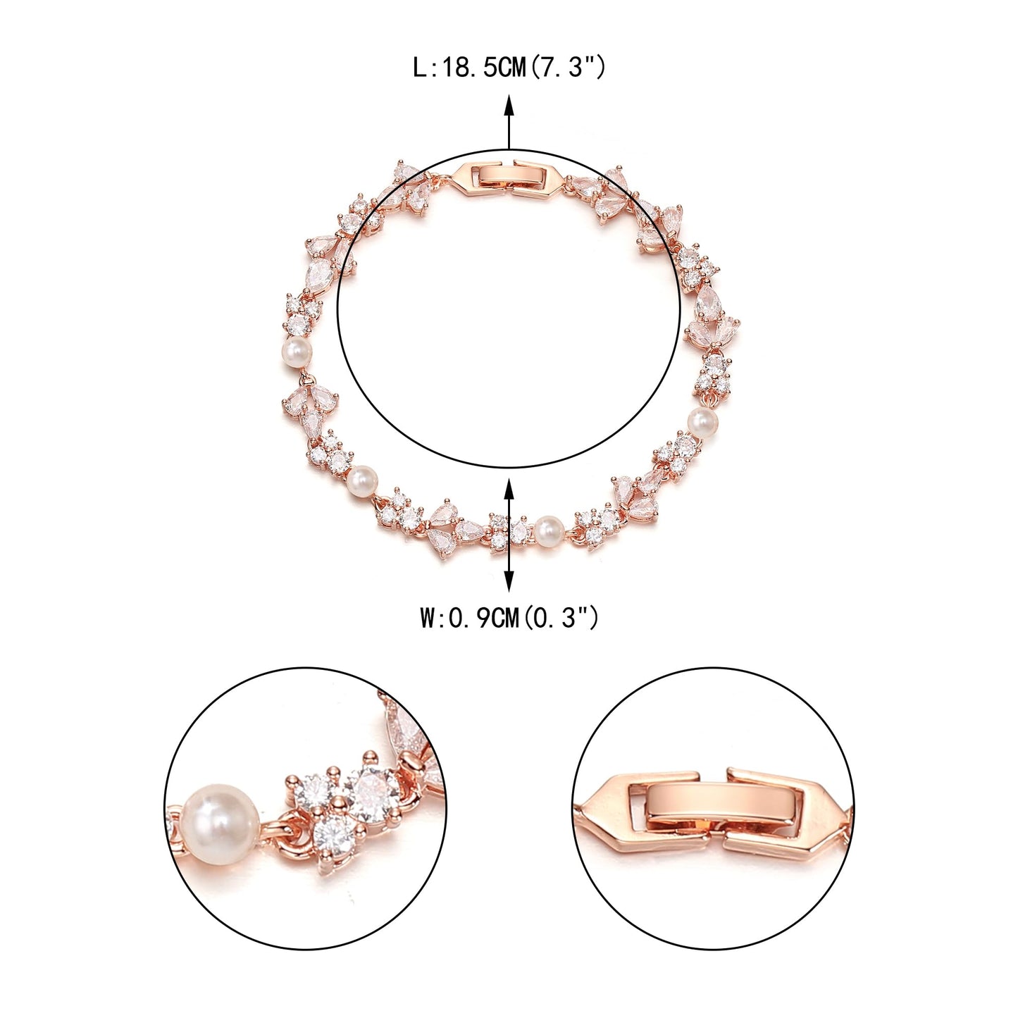 EVER FAITH Faux Pearl Wedding Jewelry for Bride Bridesmaid, Gorgeous Pear Shaped Cubic Zirconia Rose Gold-Plated-Brass Cream Simulated Pearls Tennis Bracelet for Women