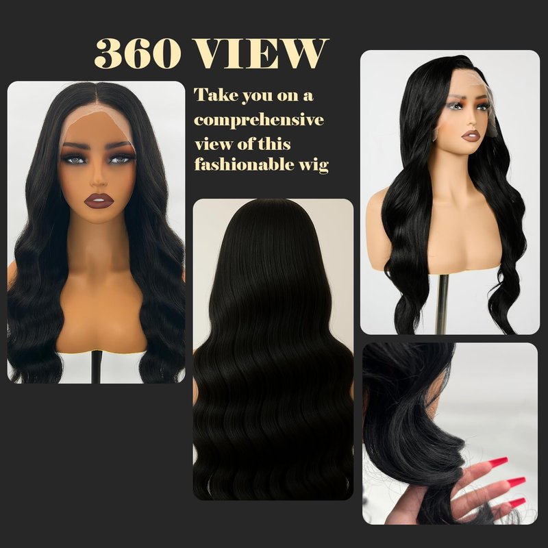 Cowigsu Lace Front Wig Body Wave Pre Plucked 13x4 Closure Wig 26in Natural Black Pre Cut Synthetic Lace Front Wig for Women Upgraded with Premium Human-Hair-Like Fiber
