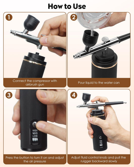 Airbrush Kit Rechargeable Cordless Airbrush Compressor - Airbrush Set Portable Wireless Air Brush for Nail Art, Barber, Cake Decor, Makeup, Model Painting(Black)
