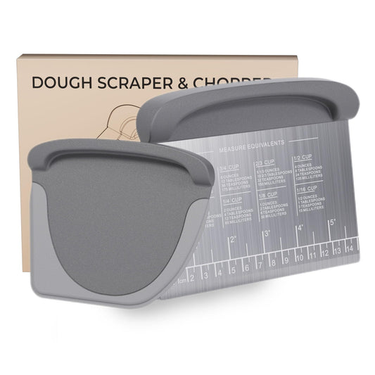 2 IN 1 Upgrade Bench Scraper, Dough Scraper for Pastry Bread Cake Pizza, Stainless Steel Dough Cutter with Conversion Chart & Measuring Scale, Bowl Scraper Food Scraper for Kitchen Baking, Gray