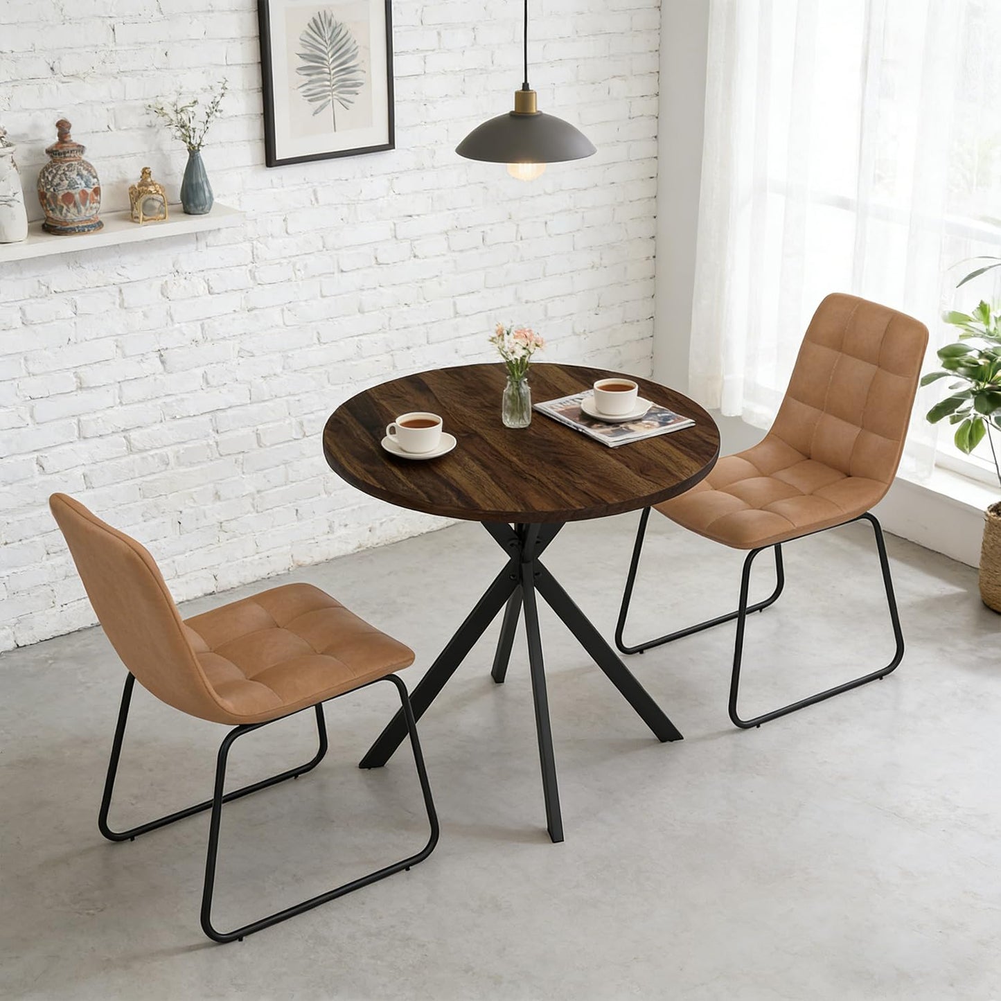 domusdisn 31.5" Round Dining Table Chairs Set for 2, Small Dining Table Chairs Set Space-Saving, Small Dinette Sets for 2 for Kitchen Dining Room Apartment(Walnut Table + Brown Chairs)