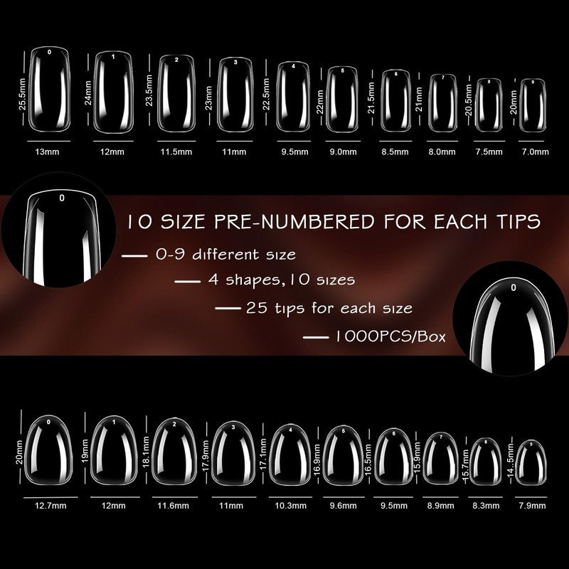 ELLEWIN 1000PCS Nail Tips Clear False Nails Full Cover for Acrylic Nails Kit 10 Sizes 4 Shapes Long Almond Square Coffin Oval Pre-Shape for Salon Home DIY Gifts