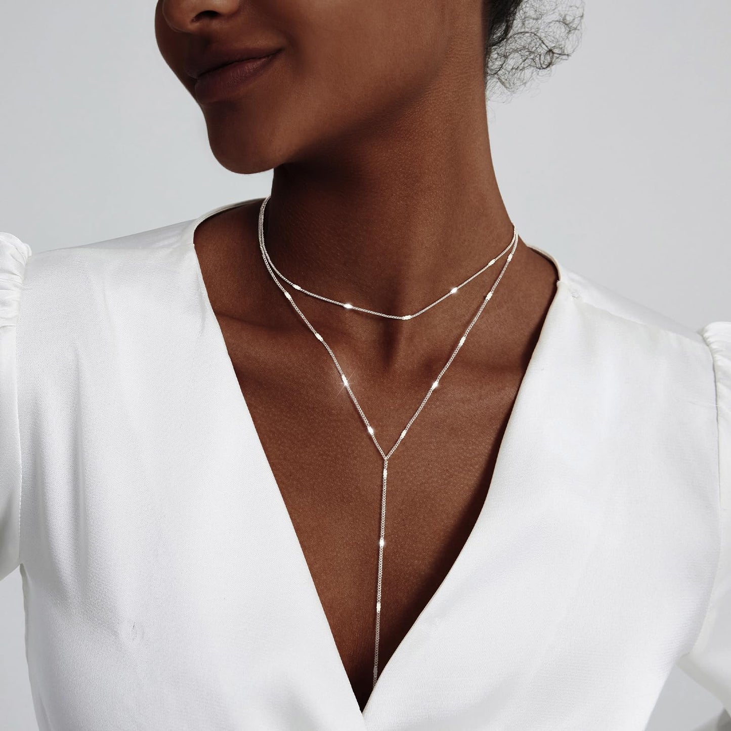 Luxval Layered Silver Necklace for Women 14K Silver Long Necklaces Y-Shaped Necklace Trendy Layered Chain Necklaces for Women Gift Jewelry