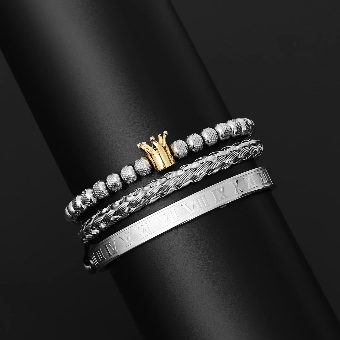 WFYOU 3PCS Stainless Steel Bracelets for Men Gold Roman Numeral Bangle Bracelet Twisted Cable Bracelet Adjustable Cuff Bracelet Mens Luxury Jewelry Bracelets Gifts(B:Silver&Gold- Crown)