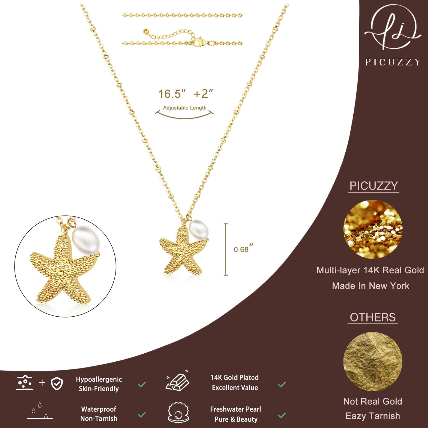 Picuzzy 14K Gold Plated Starfish Pendant Necklace for Women Trendy, Sea Star Fish Beach Necklace Ocean Coastal Tropical Nautical Vacation Summer Jewelry Pearl Accessories for Women