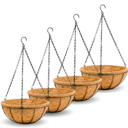8 inch Metal Hanging Baskets For Plants Outdoor 4 Pack Round Metal Wire Hanging Basket Planter with Coco Fiber Liners Chain Round Wire Plant Holder for Garden, Patio, Deck, Porch Plants Flower Potss