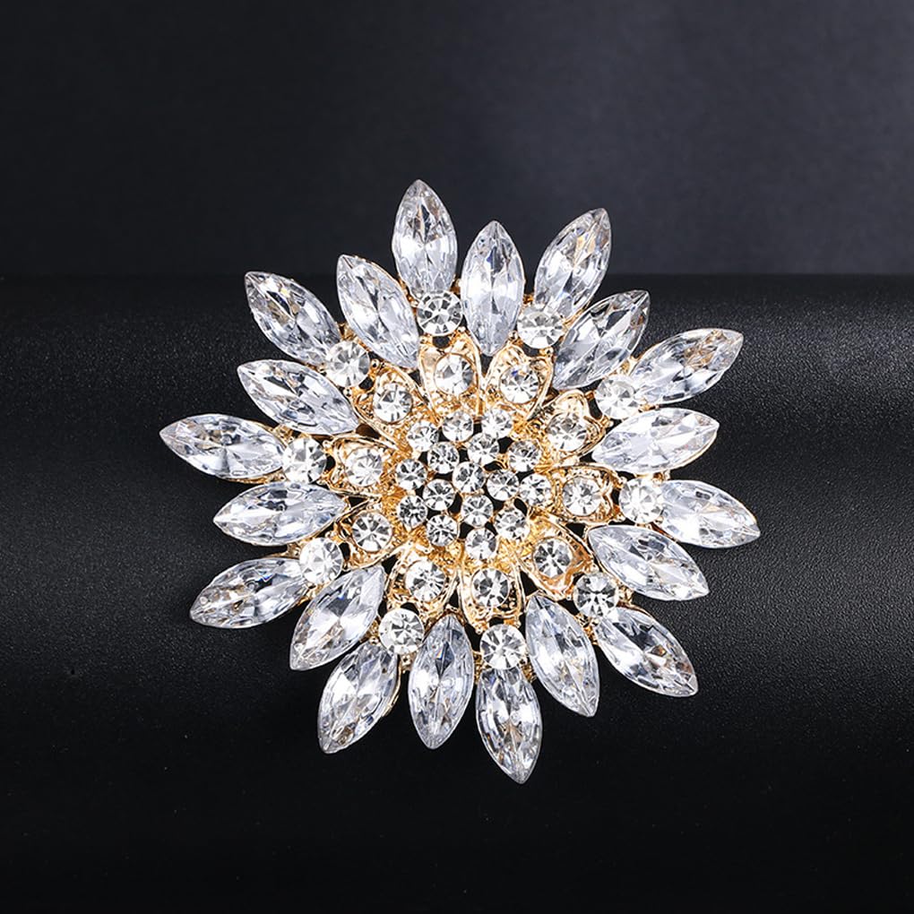 Rhinestone Large Flower Brooches Pins for Women Fashion Sparkly Crystal Sunflower Statement Brooch Wedding Party Suit Dress Formal Jewelry Accessories(White)