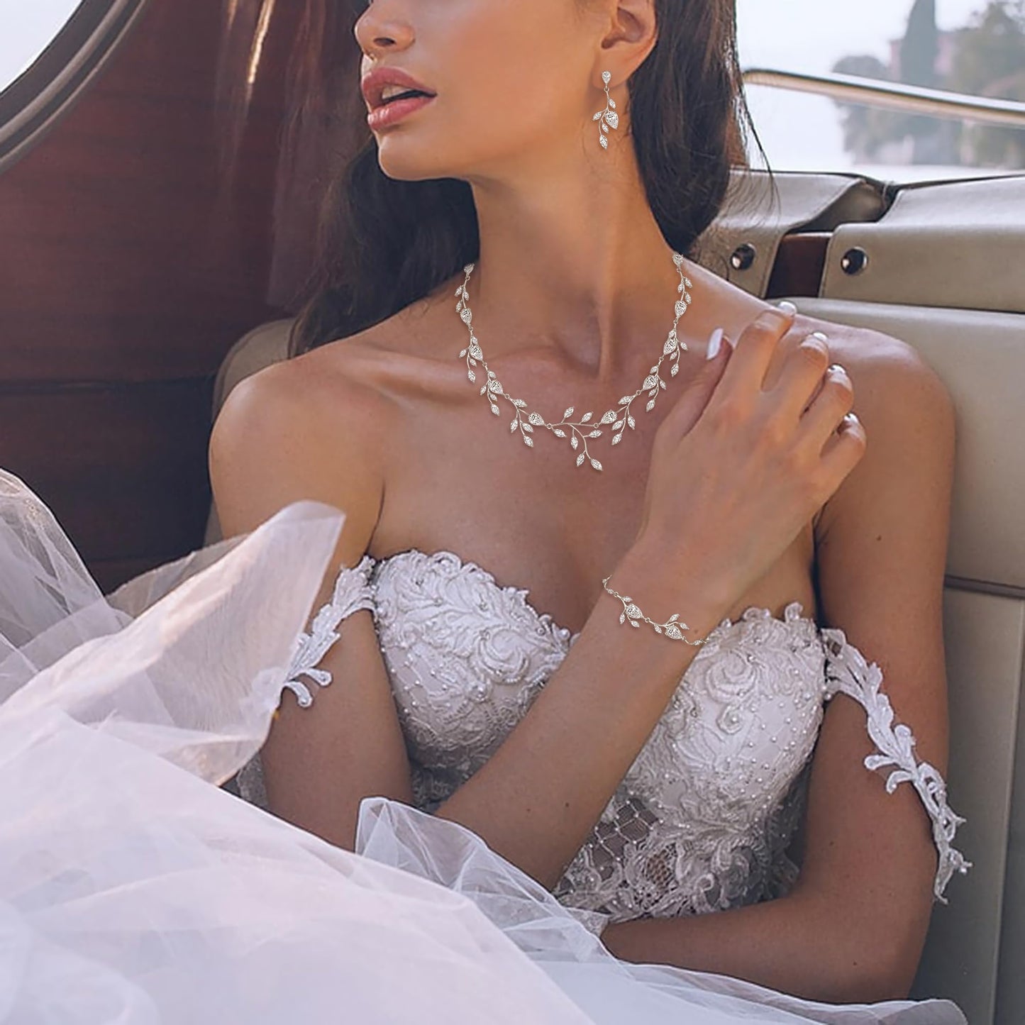 EVER FAITH Wedding Jewelry for Bride Women Bridesmaid, Sparkly Cubic Zirconia Pear-Shaped Birthstone Leaf Necklace Bracelet Earrings Set for Prom Clear Silver-Plated-Brass