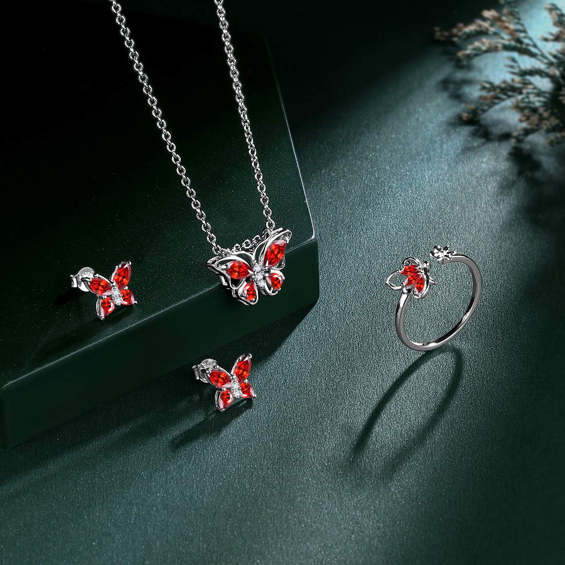 Hipunk Butterfly Red Jewelry Sets Birthstone Women 925 Sterling Silver January-Garnet Birth Stone Animal Butterflies Jewelry Sets/Earring/Ring Set Crystal Birthday Jewelry SS0002J