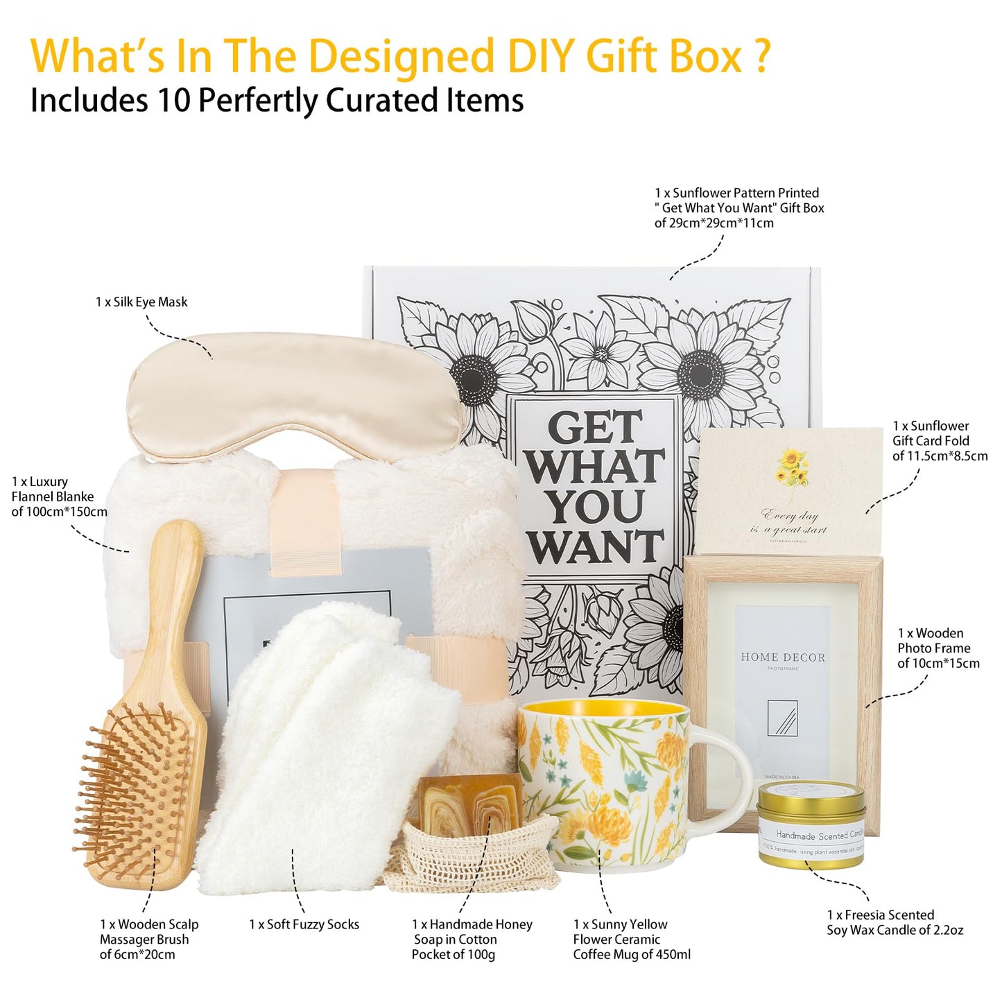 Foldifyzen Birthday gifts for women, Get well soon gift baskets,care package with sunflower coffee mug,sunflower pattern gift box to color as unique gift baskets for women.
