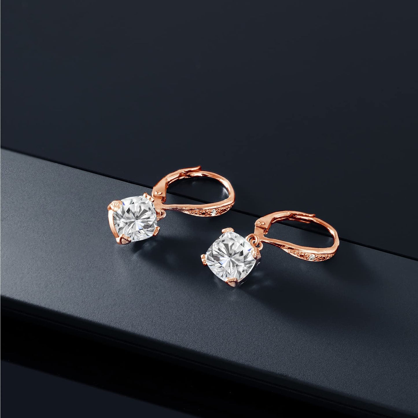 Gem Stone King Drop Dangle Earrings For Women | 7MM Cushion Cut Gemstone Birthstone and Diamond | 925 Sterling Silver | Jewelry Gift for Mom Wife Her | White Moissanite-April | Rose Gold