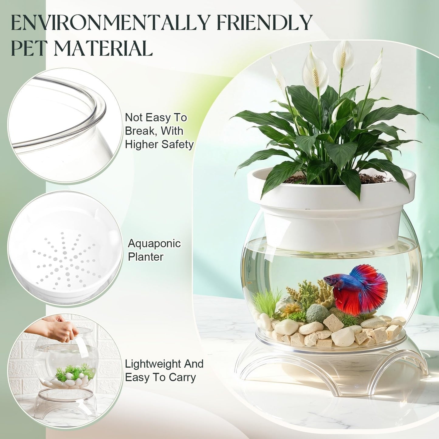 Geelin 0.5 Gallon Plastic Aquaponic Betta Fish Tank Aquaponic with Base and Top, Small Bowl Shatterproof Ecosystem Aquarium with Clear Clarity for Terrarium, Flower Vase Betta Fish Centerpiece Gifts