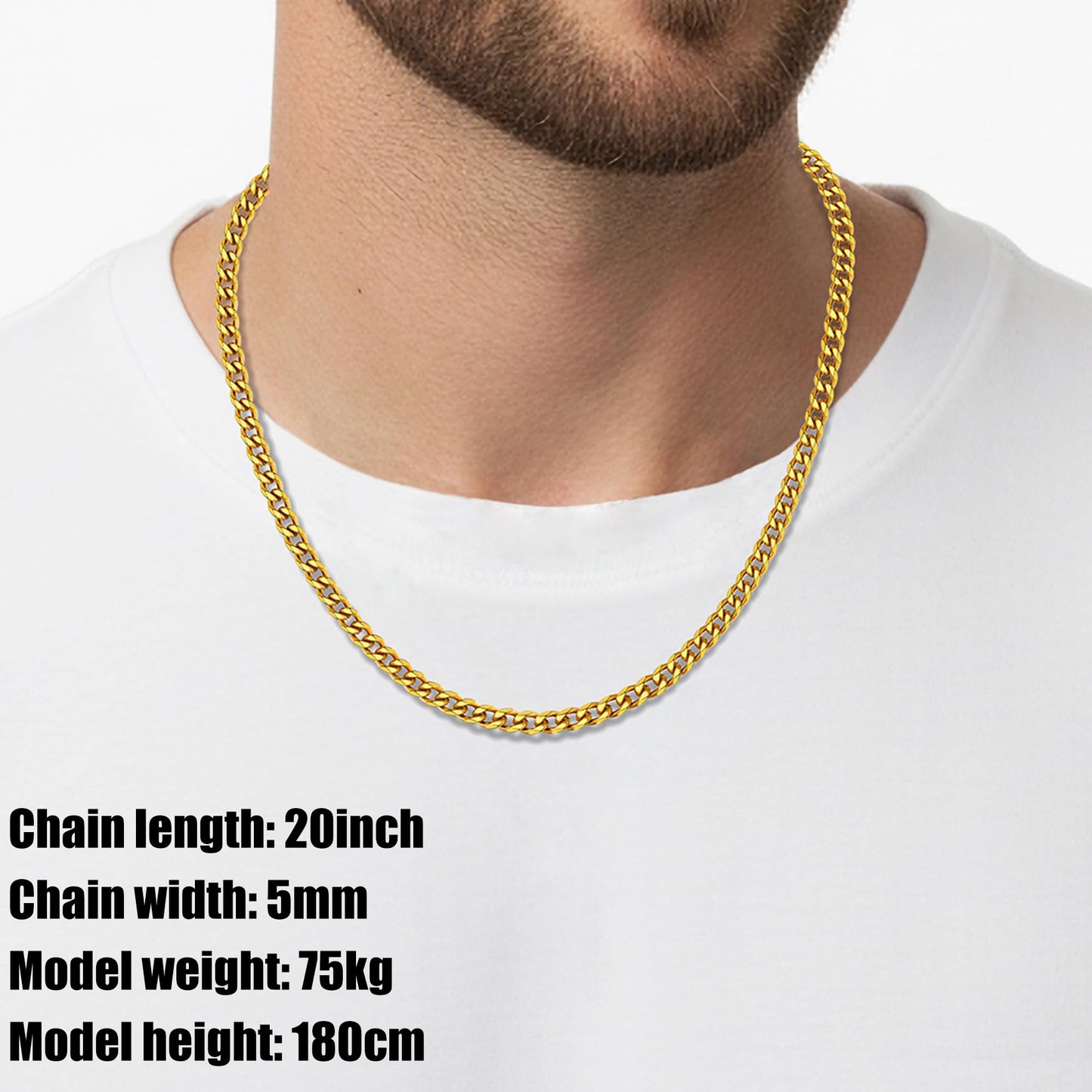 Fiusem 5mm Gold Plated Chains for Men, 18K Gold Plated Stainless Steel Cuban Link Chain Necklace for Men and Women, 24 Inch
