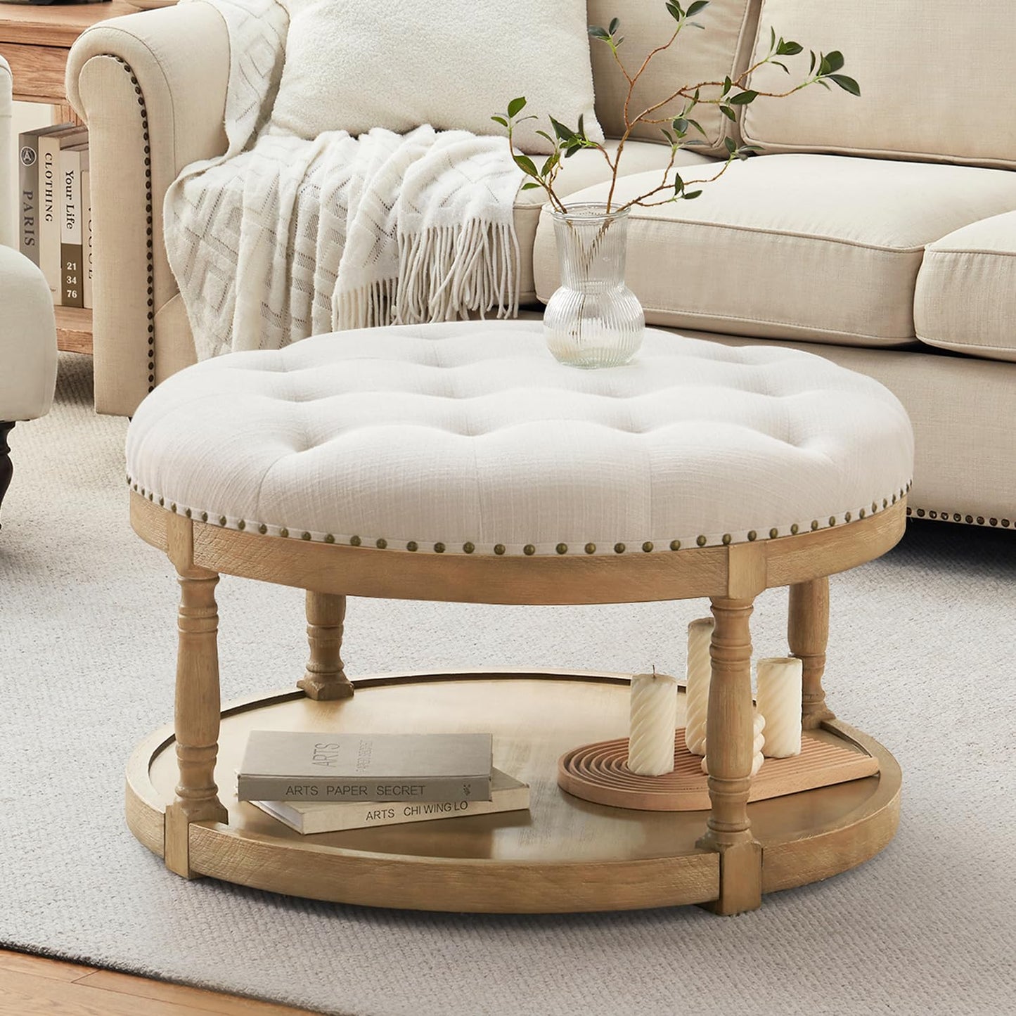 Womina 33" Large Round Ottoman Coffee Table with Storage, Upholstered Button Tufted Linen Footrest Ottoman with Wood Storage Shelf Farmhouse, for Living Room, 350 LBS, Beige
