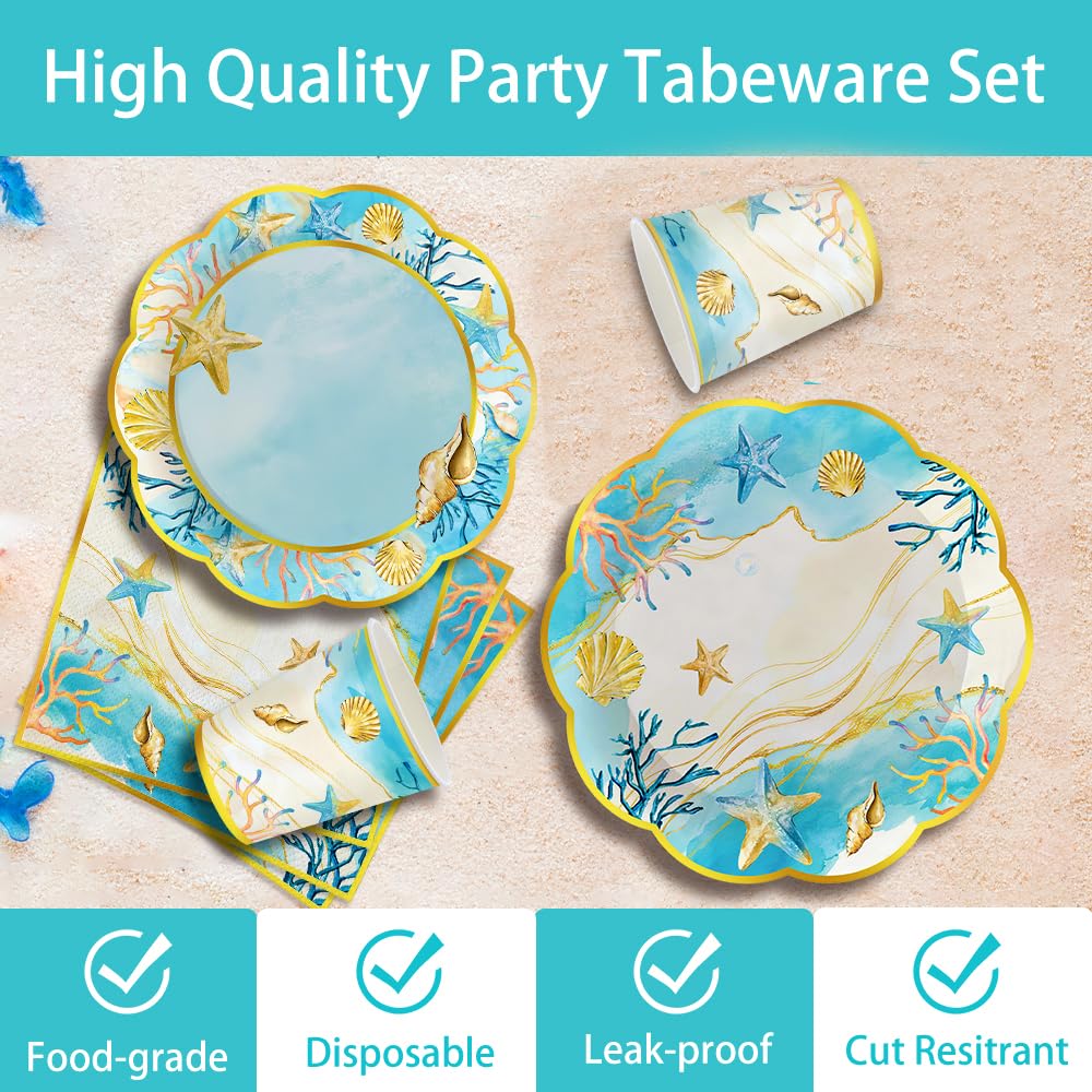 JLCFUTURE 140Pcs Beach Party Decorations Shells Ocean Plates and Napkins Summer Baby Shower Beach Birthday Party Supplies Coastal Paper Plates, Serve for 20 Guest