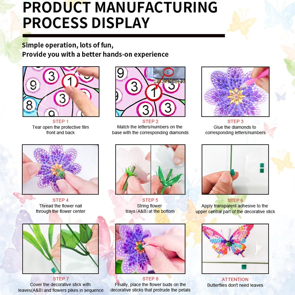 Nikolle 5D Flower Butterfly Diamond Art Kits for Adults, DIY Vase Filler Ornament Table Decoration, 10 Pcs Diamond Painting Kits for Garden Decor