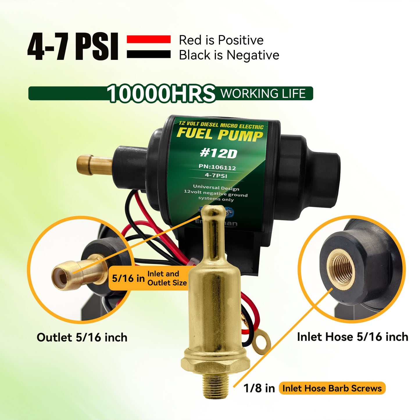 ENGINEMAN 12D Micro Electric Diesel Fuel Pump Universal 5/16 inch Inlet and Outlet 12V 1-2 A, 35 GPH, 4-7 PSI