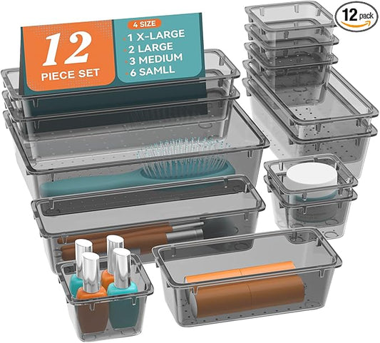 12-Piece Drawer Organizer Set, 4 Sizes Versatile Plastic Vanity Organizer for Makeup, Stationery, Gadgets, in Kitchen, Bathroom, Office, and Bedroom, Black