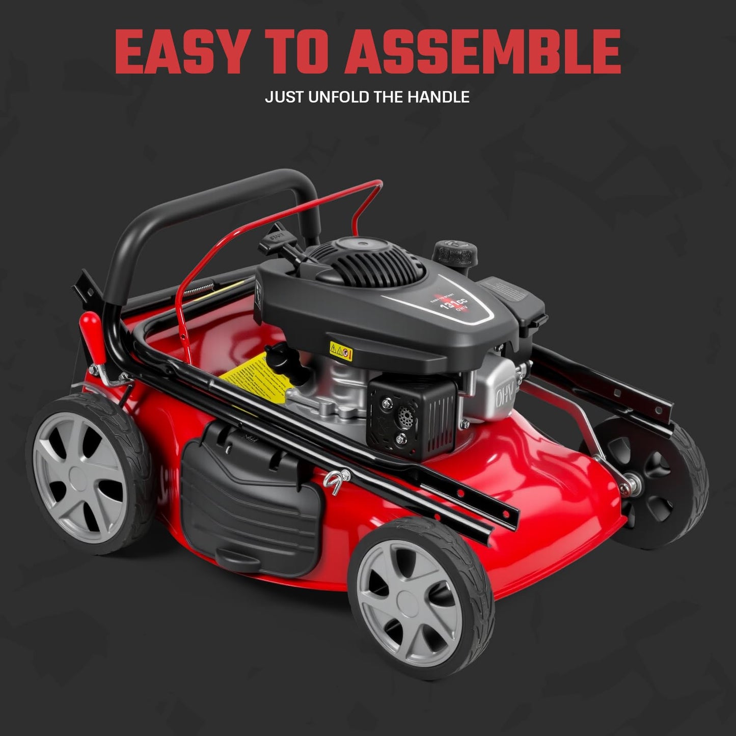 Lawn Mower Gas Powered, Gas Mower with 50l Grass Bag Big Wheels, 131cc Gas Engine 3 in 1 Mulching, Bagging & Side Discharge Self Propelled Walk-Behind Push Mower for Hills 2850RPM (Red)
