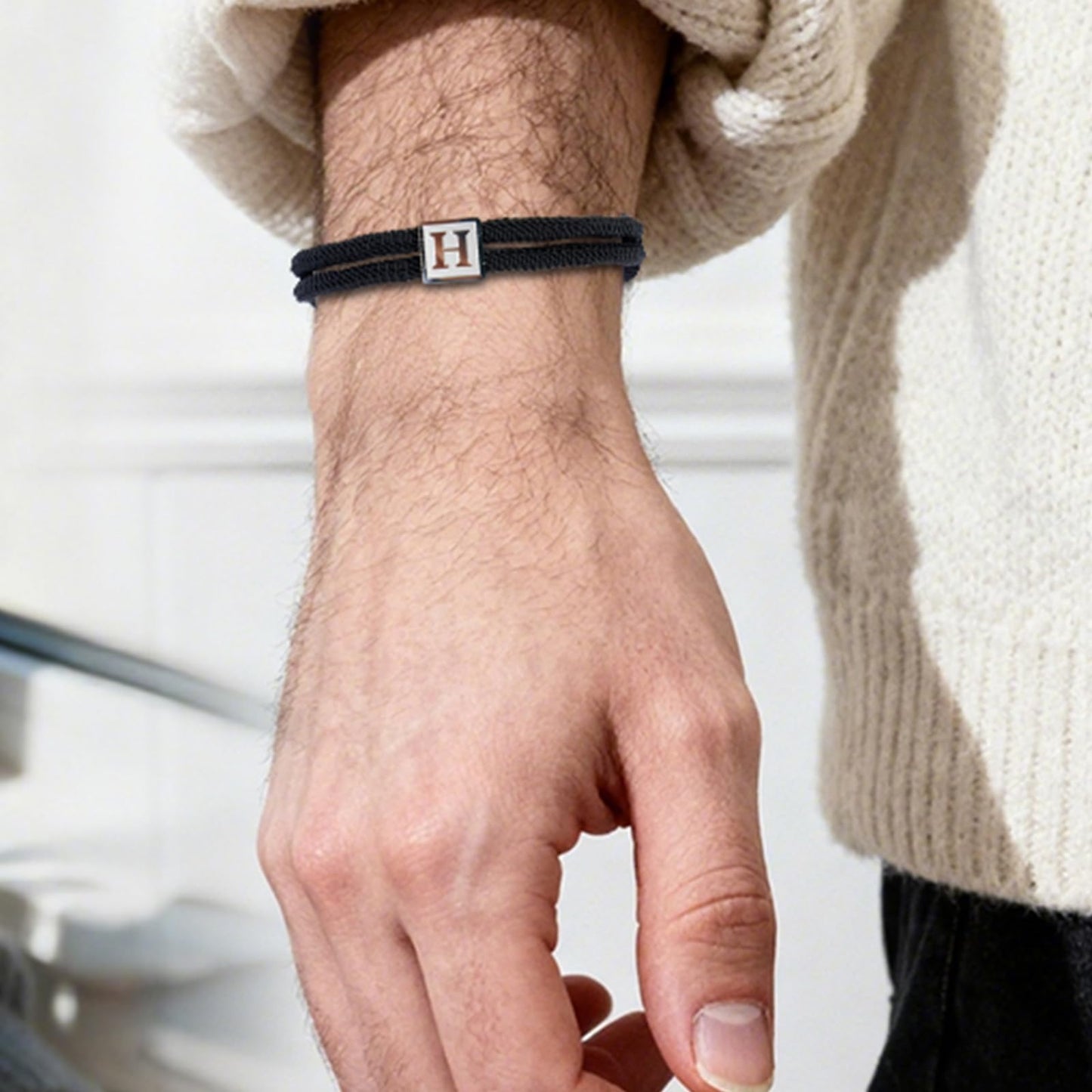 Valentines Day Gifts for Him,Rope Initial Bracelet for Men, Stainless Steel A-Z Letter Charm Bracelet, Handmade Braided Men Wrist Adjustable 7-13 Inches Alphabet Jewelry Gift For Men Women (letter U)